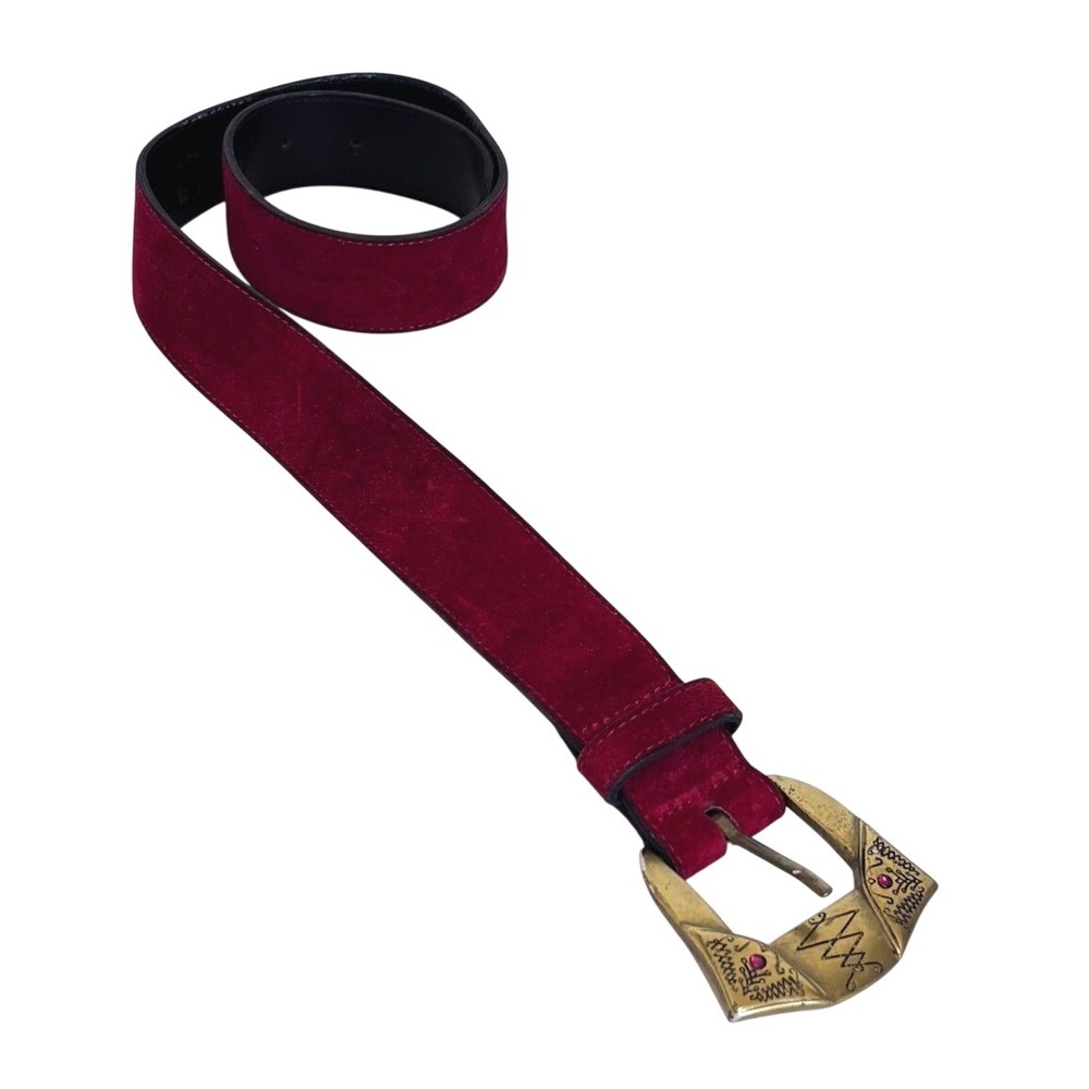 Express Vintage 90s Western Suede Belt Small Red Boho Ornate Brass Buckle Italy